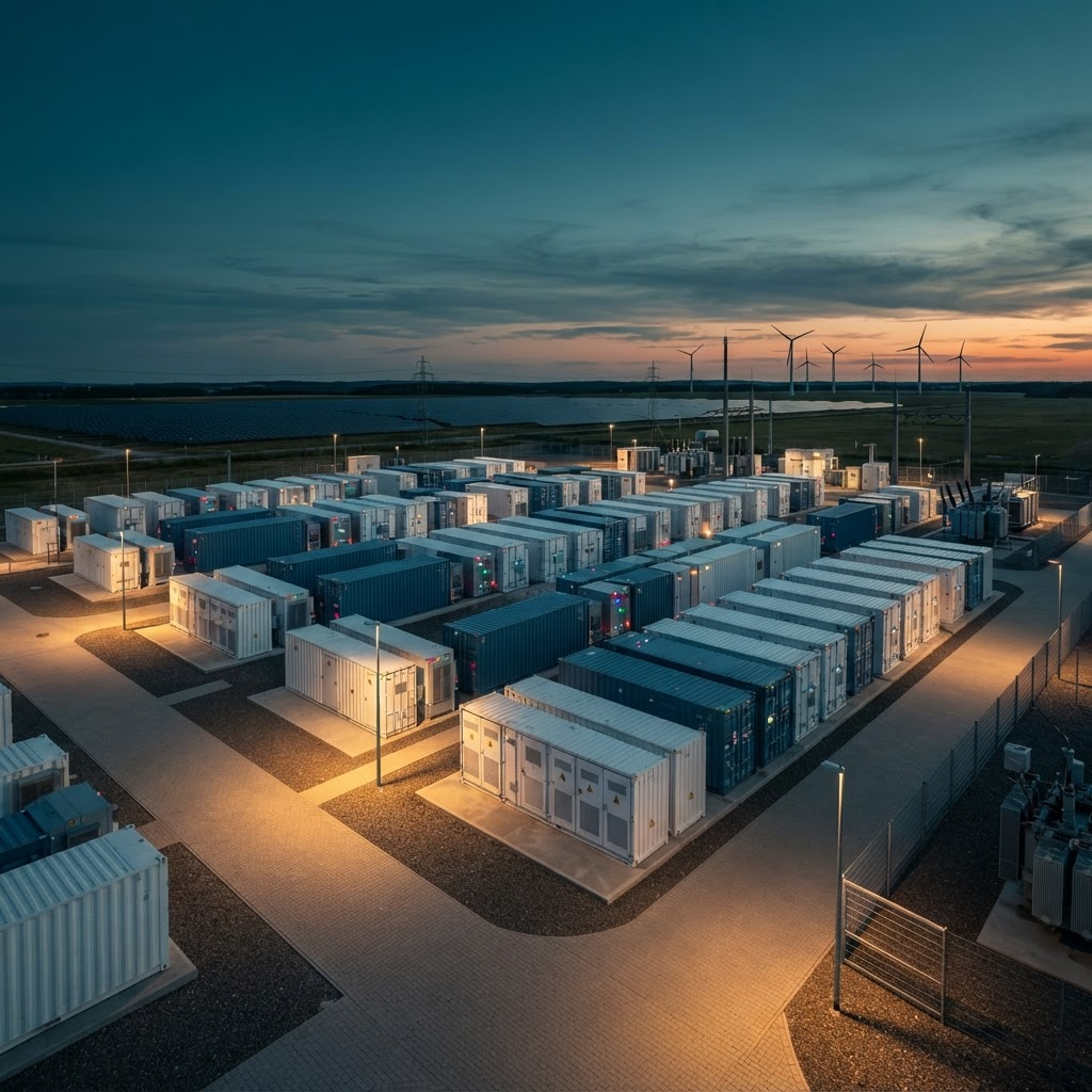 Large-scale containerized battery energy storage system at an industrial power facility
